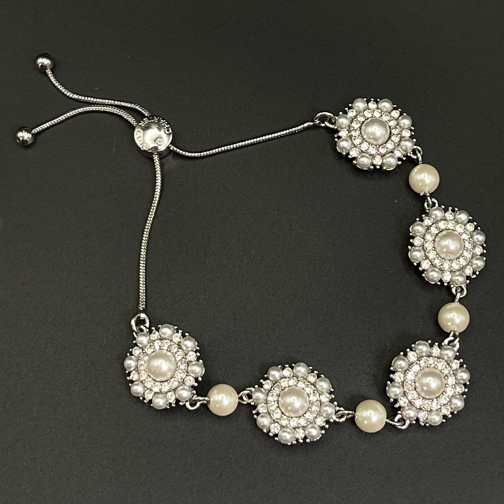 Charter Club Faux Pearl Flower Slider Bracelet Womens Silver Tone Rhinestone